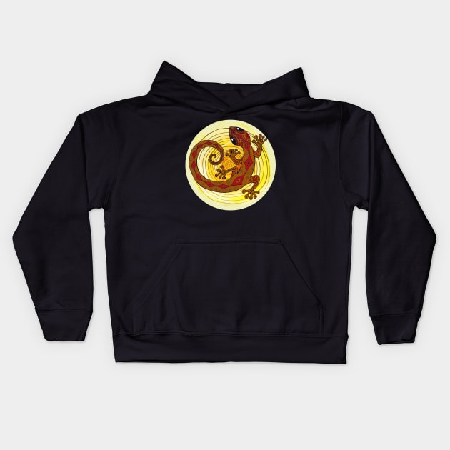 Gold Gecko Lizard in a Sun Spiral Kids Hoodie by Heartsake